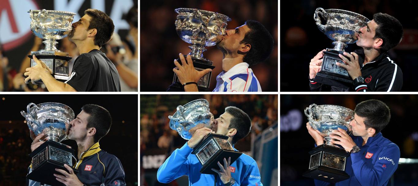 Le sei vittorie di Novak Djokovic agli Australian Open: 2008, 2011, 2012, (in alto da sinistra) e 2013, 2015 e quest&#39;anno (sotto da sinistra). (Afp)